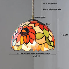 Colorful stained glass pendant light with measurements on a gray background