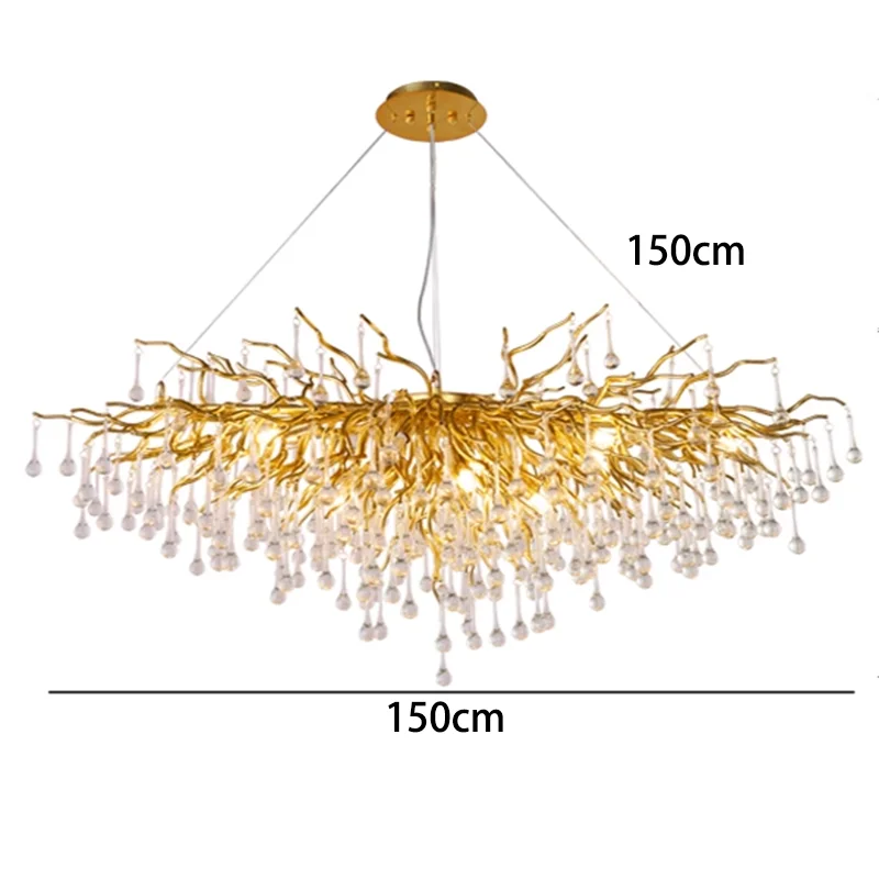 Gold chandelier with measurements on a white background