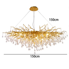 Gold chandelier with measurements on a white background