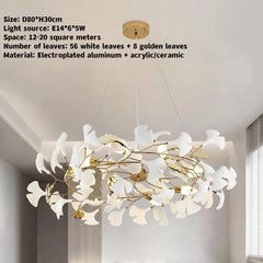 Gold Metal Ginkgo Leaf Pendant Chandelier with White Ceramic Flowers
