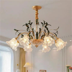 Gold Floral Glass Chandelier Multi-Arm Pendant Light