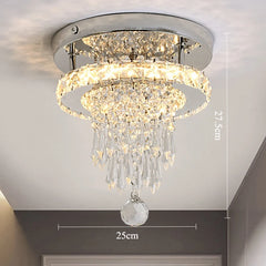 Chandelier with crystal accents mounted on a ceiling, showing dimensions.