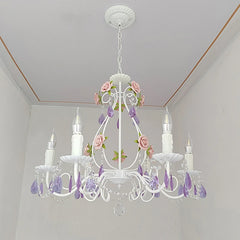 White Metal Chandelier with Rose Buds and Purple Crystal Drops