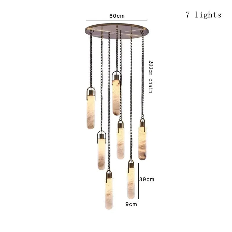 Chandelier with seven lights and measurements on a white background