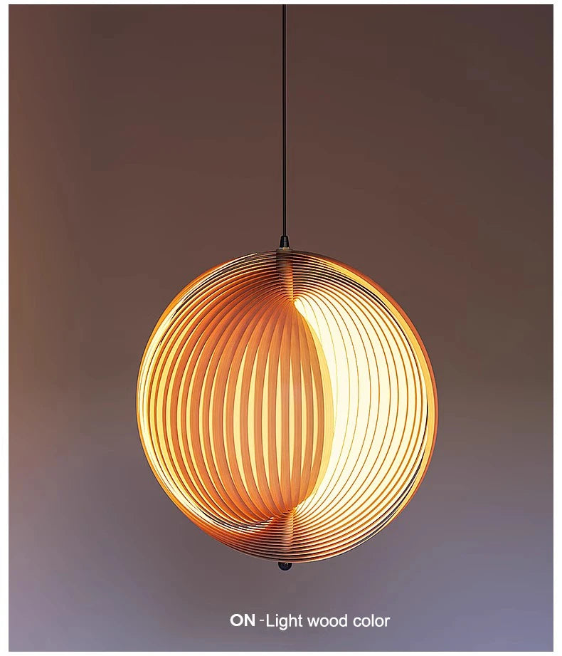 Spherical pendant light with ribbed design on a plain background
