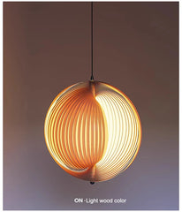 Spherical pendant light with ribbed design on a plain background