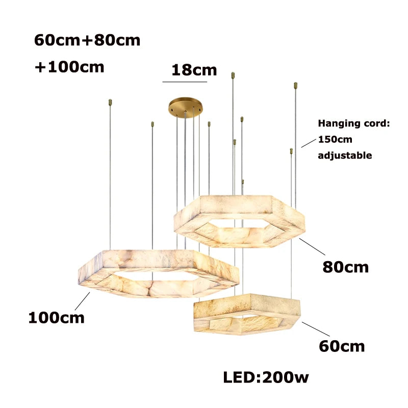 Hexagonal pendant light with measurements and specifications on a white background