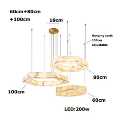 Hexagonal pendant light with measurements and specifications on a white background