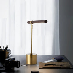 Brass Minimalist LED Desk Lamp with Wooden Accents