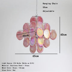Chandelier with pink and red glass discs, dimensions, and material details on a white background