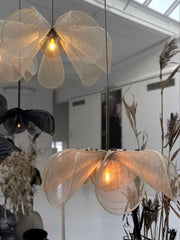 Decorative pendant lights with a soft glow in an indoor setting.
