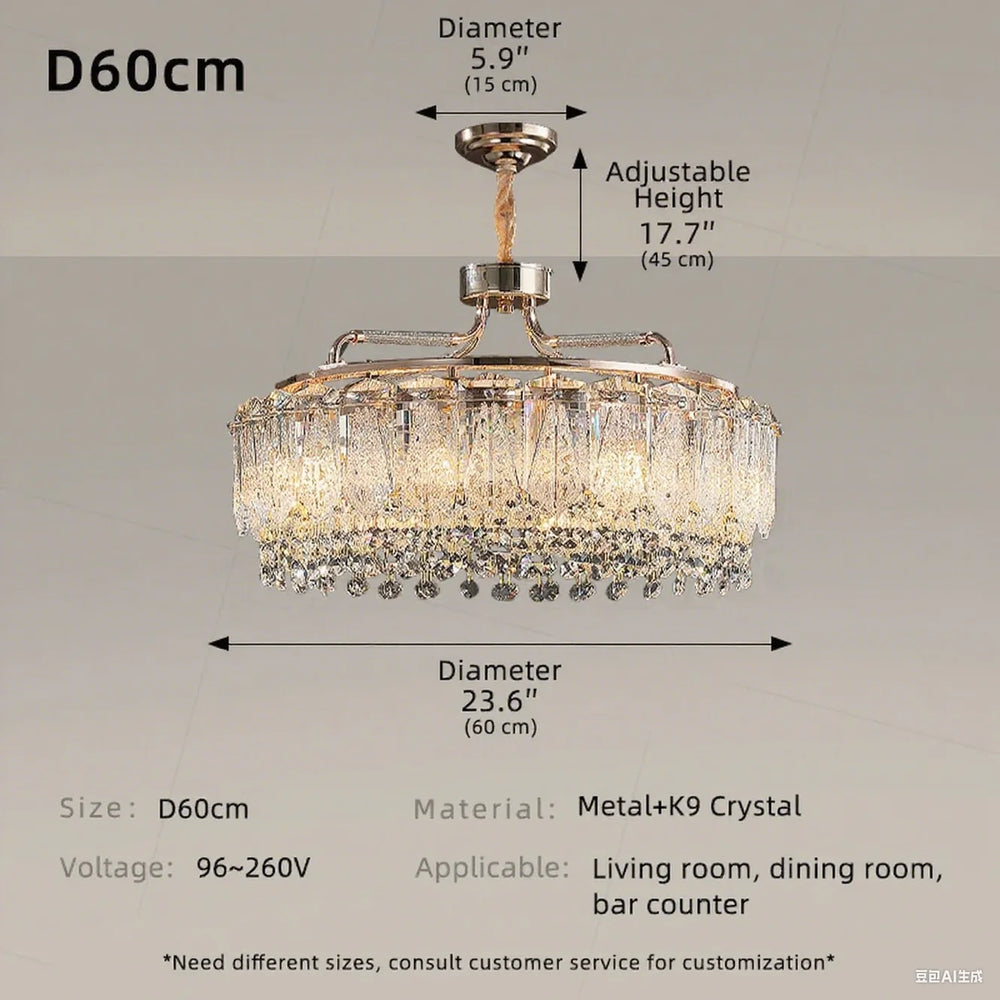 Chandelier with dimensions and specifications on a gray background