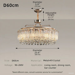 Chandelier with dimensions and specifications on a gray background