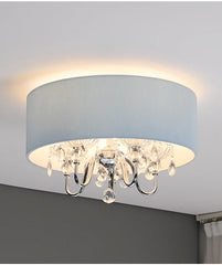 Blue Fabric Drum Pendant Light with Crystal Accents