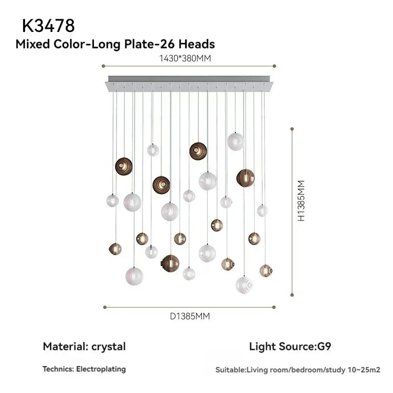 Chandelier with crystal balls and dimensions on a white background