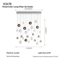 Chandelier with crystal balls and dimensions on a white background