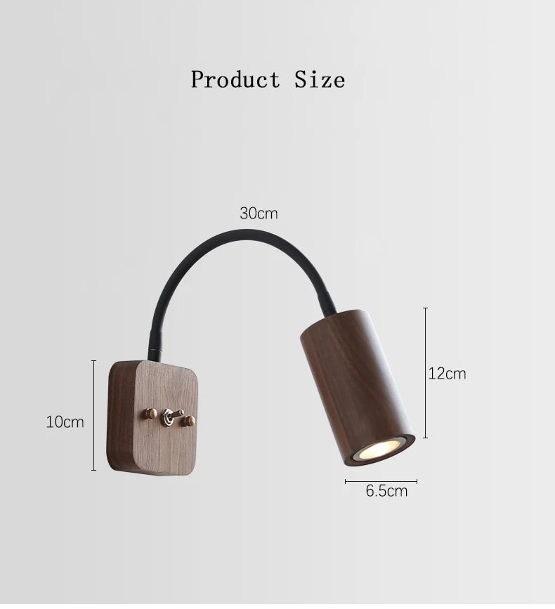 Wooden wall lamp with measurement details on a light gray background