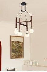 Modern Multi-Arm Wood and Glass Chandelier