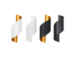 Set of four wall sconces with gold and black accents on a white background