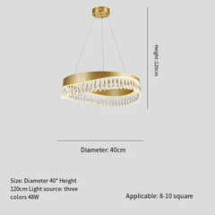 Gold pendant light with crystal details on a gray background, featuring dimensions and application information.