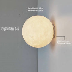 Wall-mounted spherical light fixture with dimensions labeled on a gray background