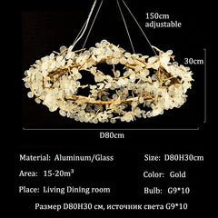 Gold chandelier with dimensions and material details on a black background