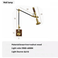 Adjustable Brass Wall Sconce with Walnut Base and Black Arm
