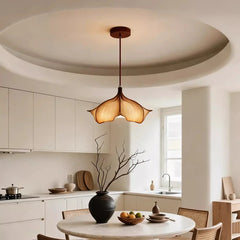 Beige Floral Pendant Light with Petal-Shaped Shade and Warm Glow