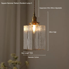 Brass Square Pendant Light with Textured Amber Glass Shade