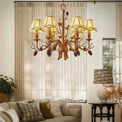 Gold Floral Bird Pine Cone Chandelier with Bell Shades