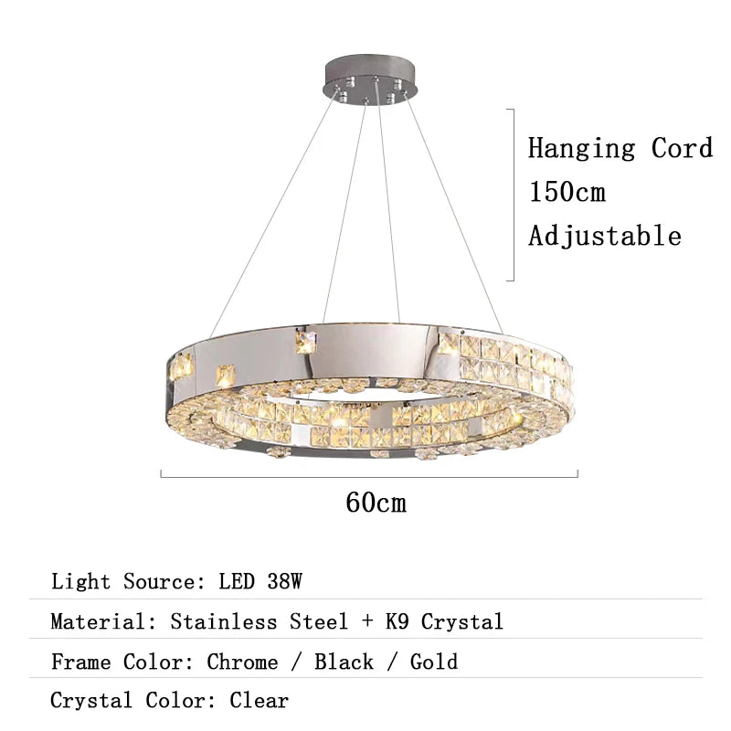 Chandelier with crystal design on a white background, featuring text about dimensions and specifications.