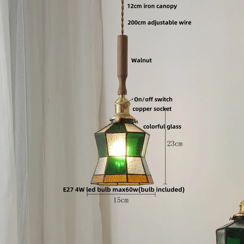 Pendant light with green glass shade and labeled features on a white background