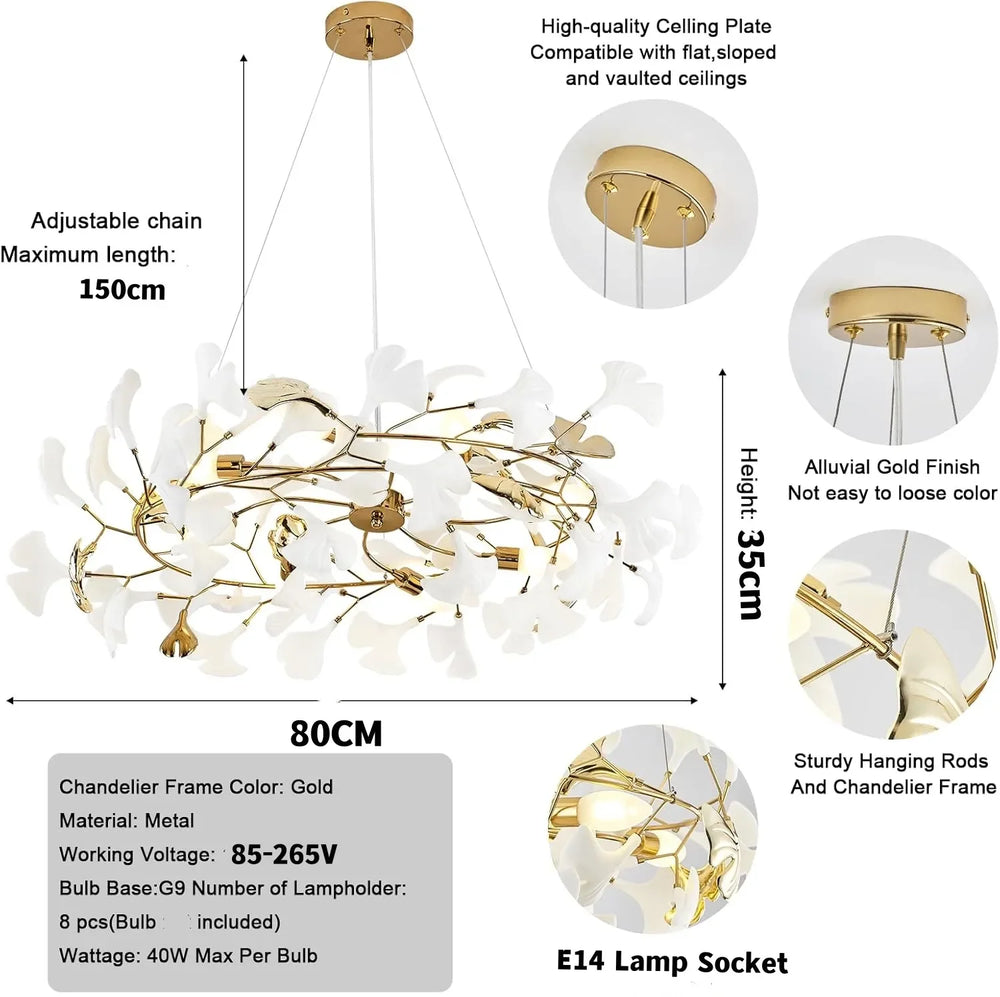 Product details diagram for a gold ginkgo leaf chandelier showing dimensions and components