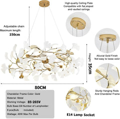 Product details diagram for a gold ginkgo leaf chandelier showing dimensions and components