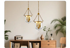 Brass Lantern Pendant Light with Clear Glass Bell Shade and Chain