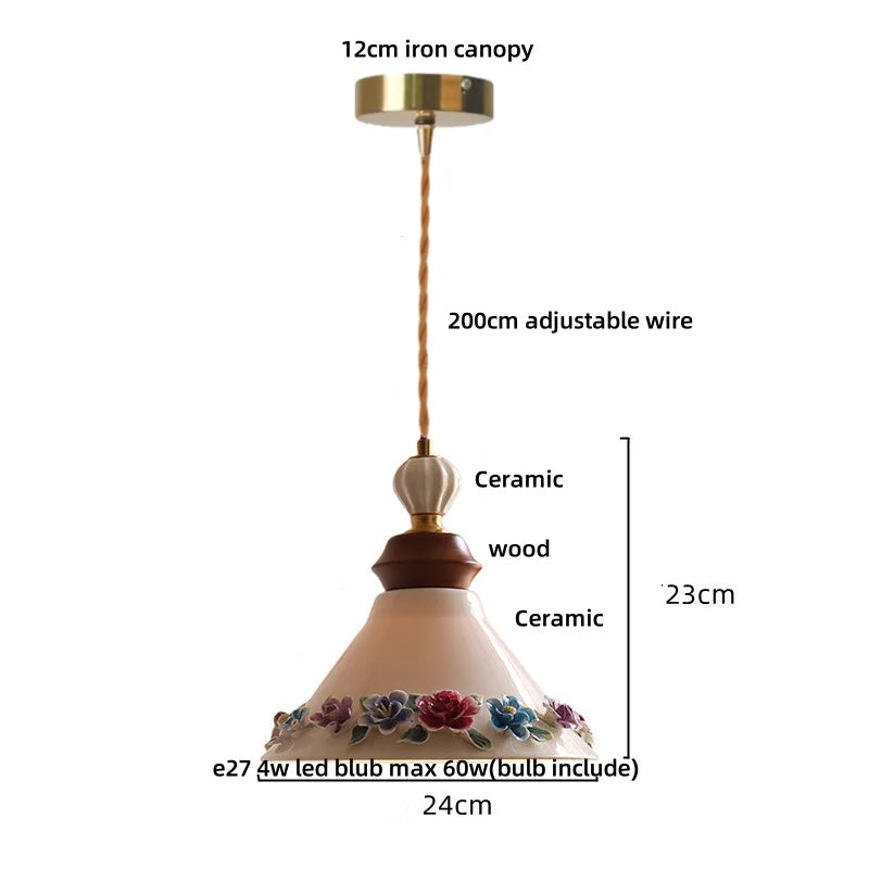 Pendant light with measurements and details on a white background