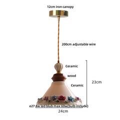 Pendant light with measurements and details on a white background