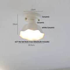 White ceramic ceiling light fixture with dimensions and bulb information on a gray background