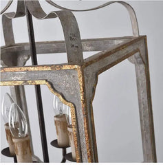 Distressed Gray and Gold Metal Lantern Chandelier with Candle Lights