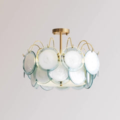 Gold Metal Frame Amethyst Glass Disc Semi-Flush Mount Chandelier