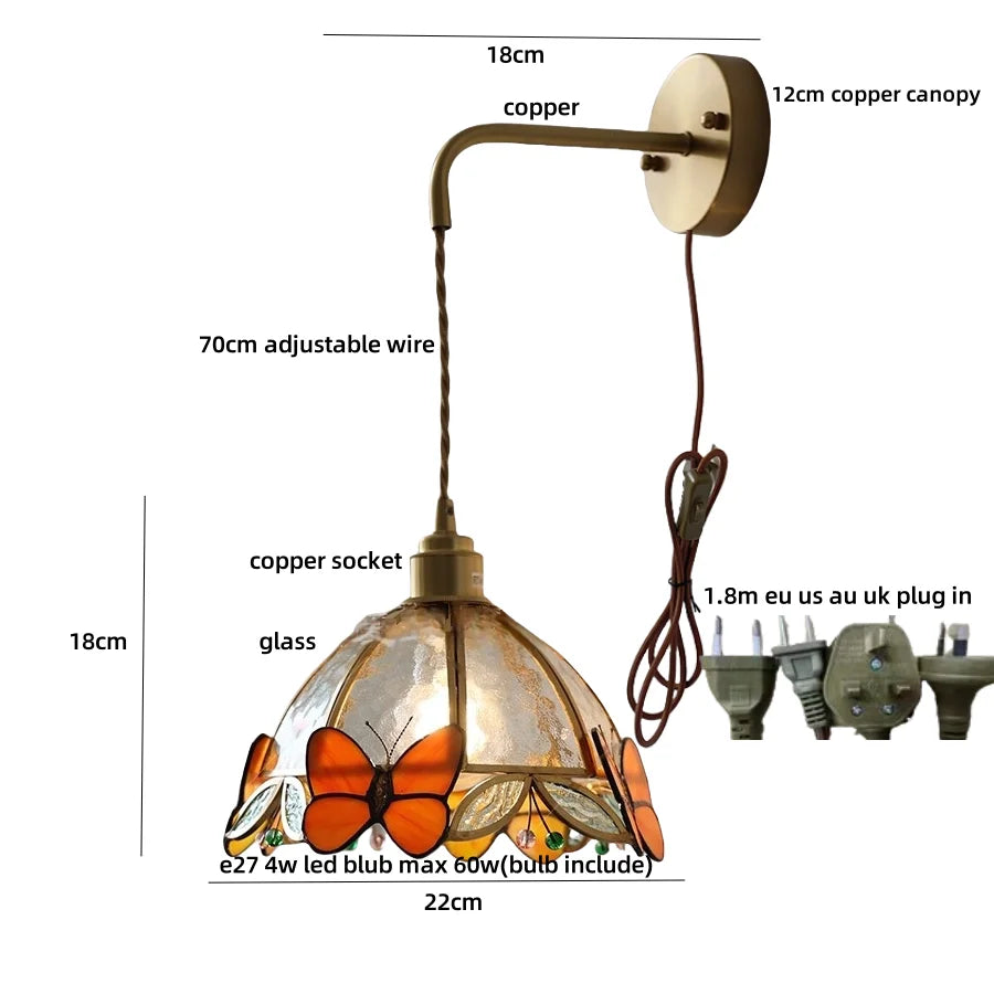 Decorative pendant light with butterfly design, labeled dimensions and plug types.