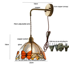 Decorative pendant light with butterfly design, labeled dimensions and plug types.