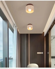 Stone Cylinder Pendant Light with Wood Accent and Natural Texture