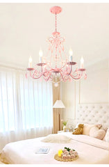 Pink Crystal Flower Chandelier with Rose Buds and Leaf Accents