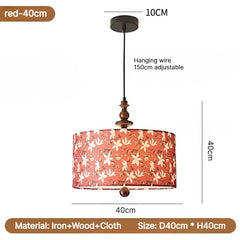 Floral Fabric Drum Pendant Light with Wood Accents