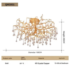 Gold Branch Crystal Waterfall Semi-Flush Mount Chandelier