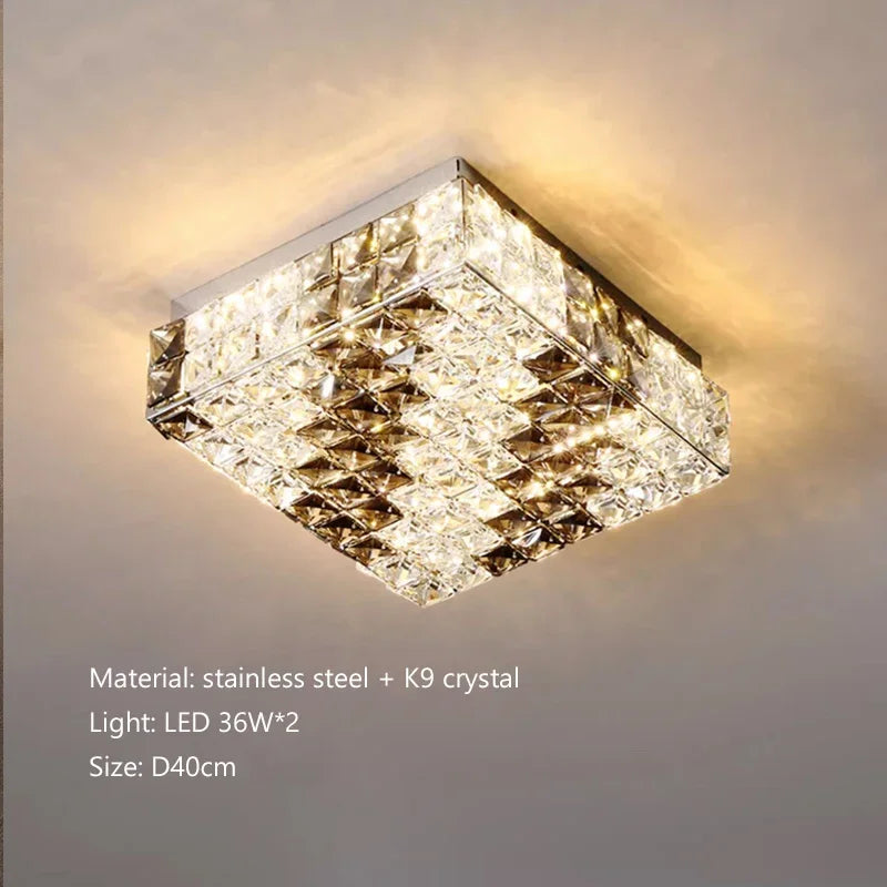 Crystal ceiling light fixture with LED lighting on a neutral background