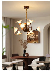 Bronze Floral Chandelier Pendant Light with Frosted Glass Bell Shades