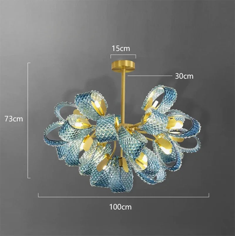 Chandelier with blue glass and gold metal elements, shown with measurements on a dark background.