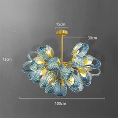 Chandelier with blue glass and gold metal elements, shown with measurements on a dark background.